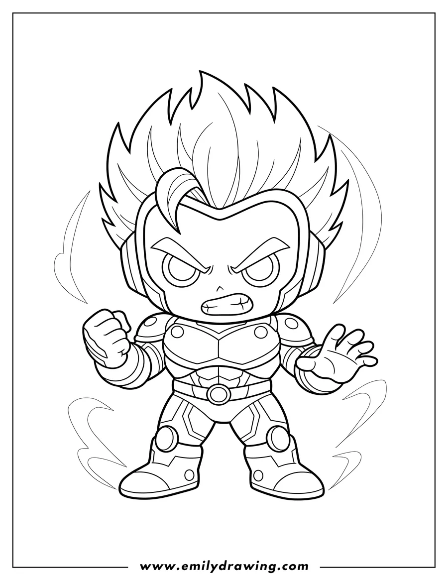 Printable line art of chibi Superhero in armored suit with spiky hair and a determined expression