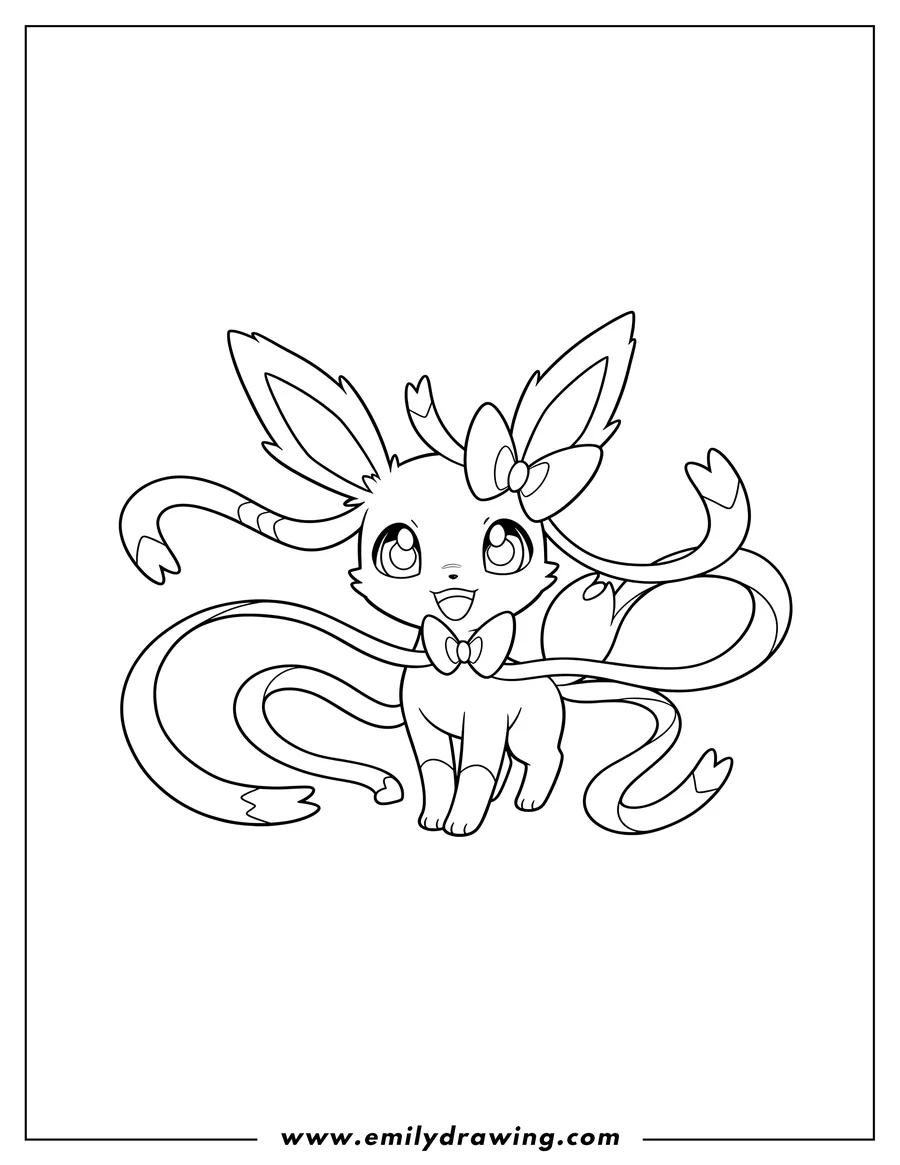 Printable coloring page of chibi Sylveon smiling with flowing ribbons