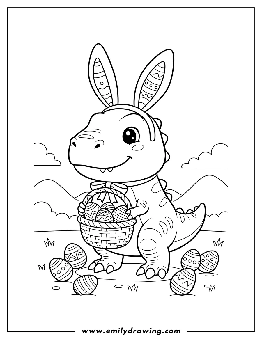 Black and white line art of chibi T Rex wearing bunny ears carrying a basket of Easter eggs with more eggs on the ground