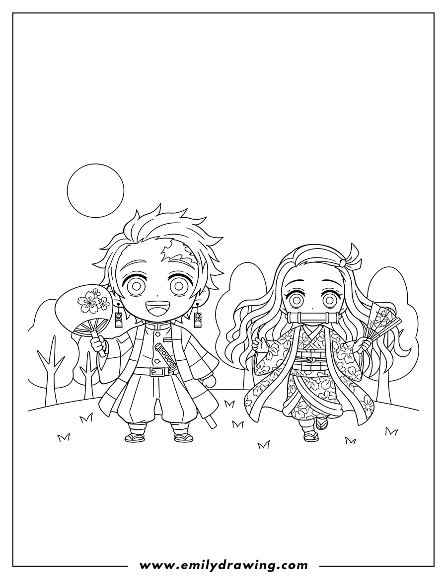 Simple sketch of chibi Tanjiro smiling and Nezuko running, both holding fans outdoors to color