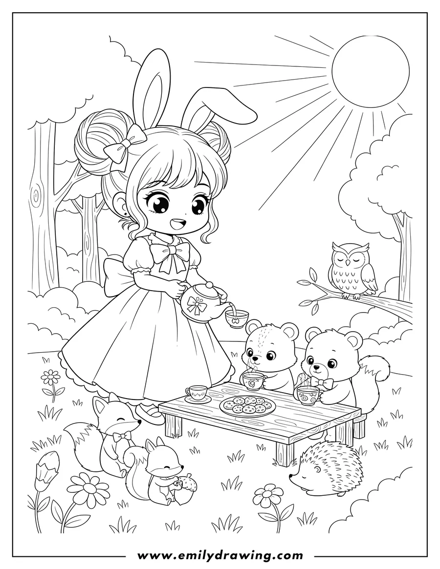 Printable coloring page of chibi girl with bunny ears serving tea at a sunny forest meadow tea party with three bears and other animal friends