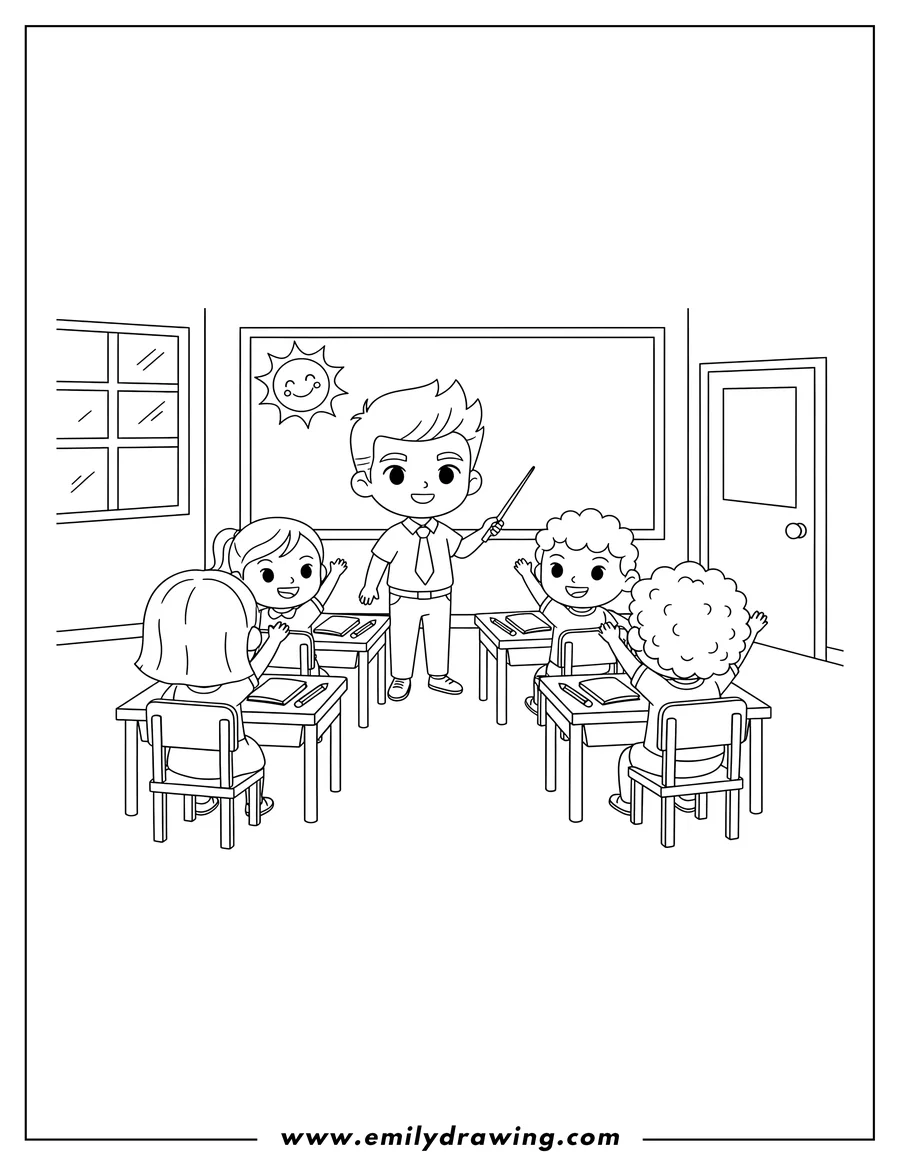 Clean line drawing: chibi Teacher Classroom With Children, male teacher pointing to whiteboard, children raising hands