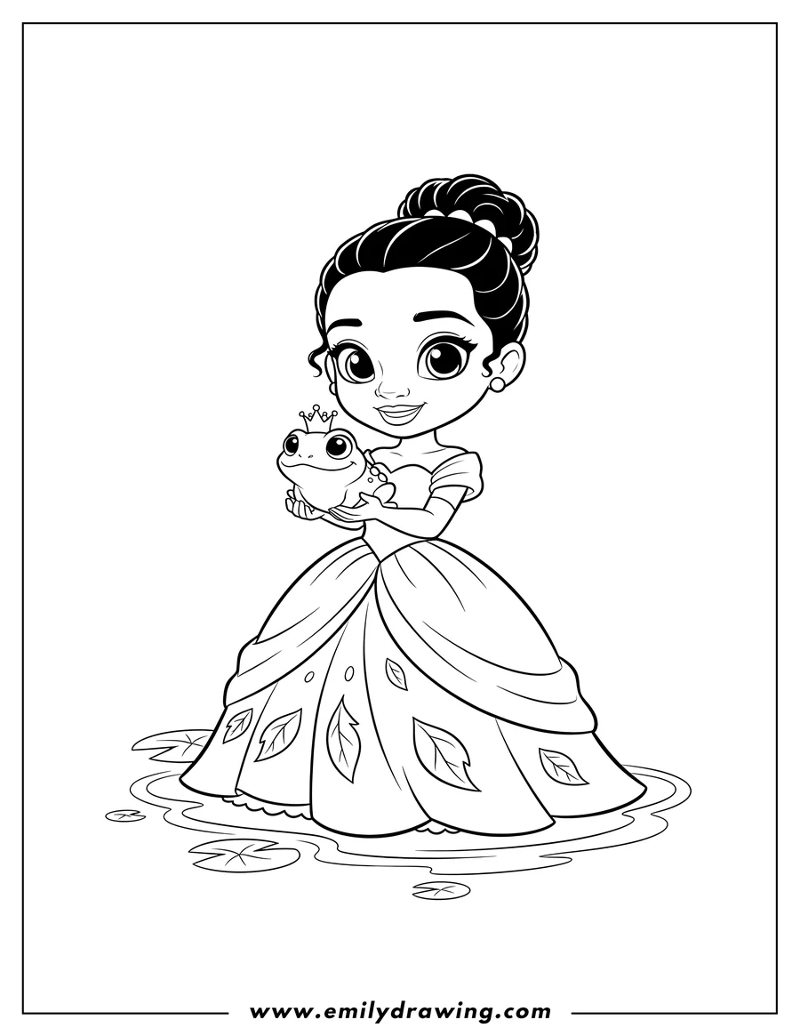 Clean line drawing: chibi Tiana smiling and holding Prince Naveen as a frog