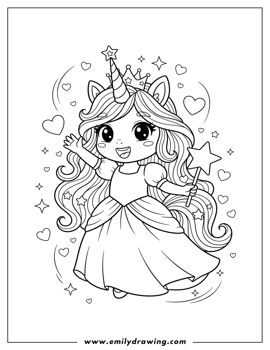 Free to print drawing of chibi Unicorn Princess smiling, waving, and holding a star wand, with Love Hearts And Sparkles