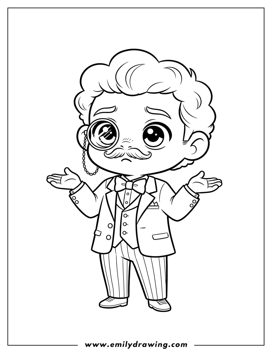 Clean line drawing: chibi Warren Charles Iii with a monocle and mustache, shrugging