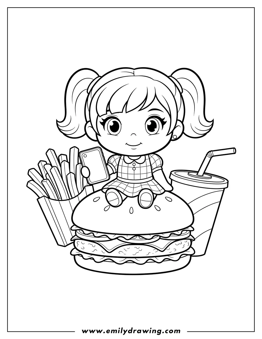 Coloring page of chibi Wendy S winking and holding a phone, sitting on a burger with fries and soda at back