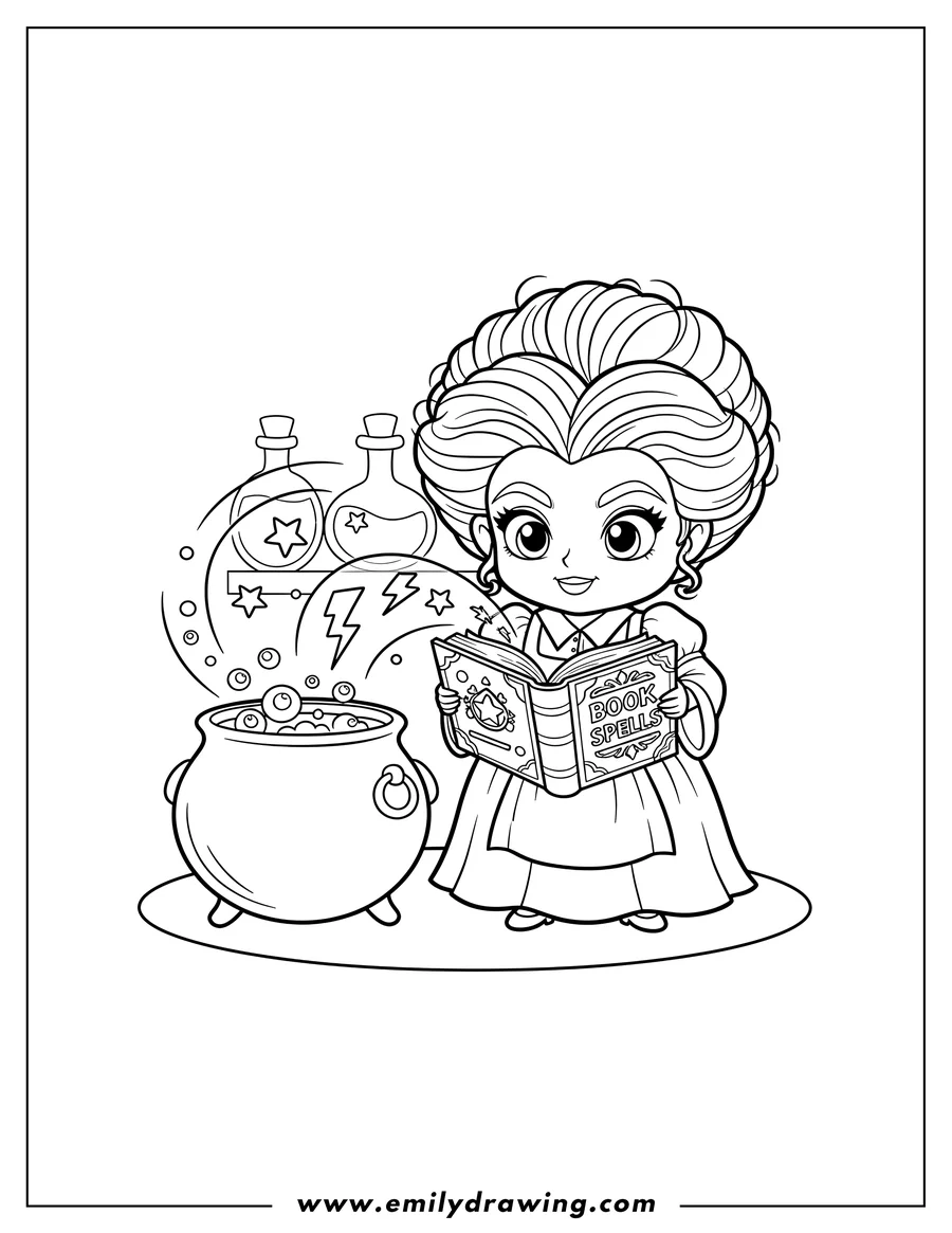 Coloring page for kids: chibi Winifred Sanderson with Book Spells, casting a spell next to a bubbling cauldron