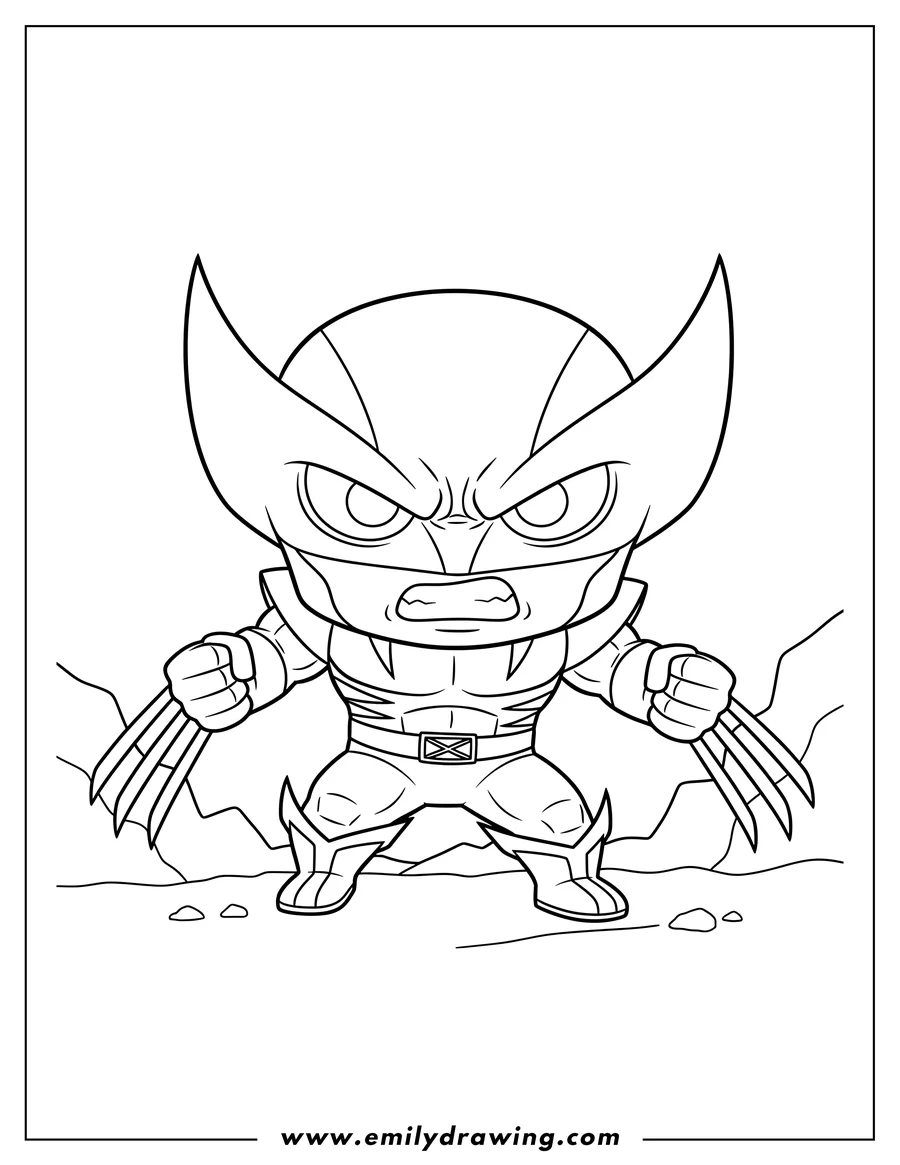 Printable line art of chibi Wolverine Fighting, lunging forward with extended claws and a fierce expression