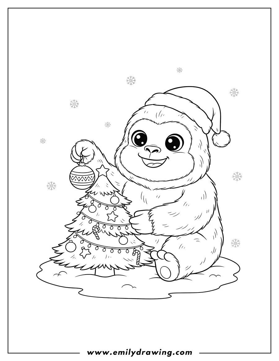 Printable line art of chibi Yeti with big eyes and a happy smile decorating a tiny Christmas tree, holding an ornament