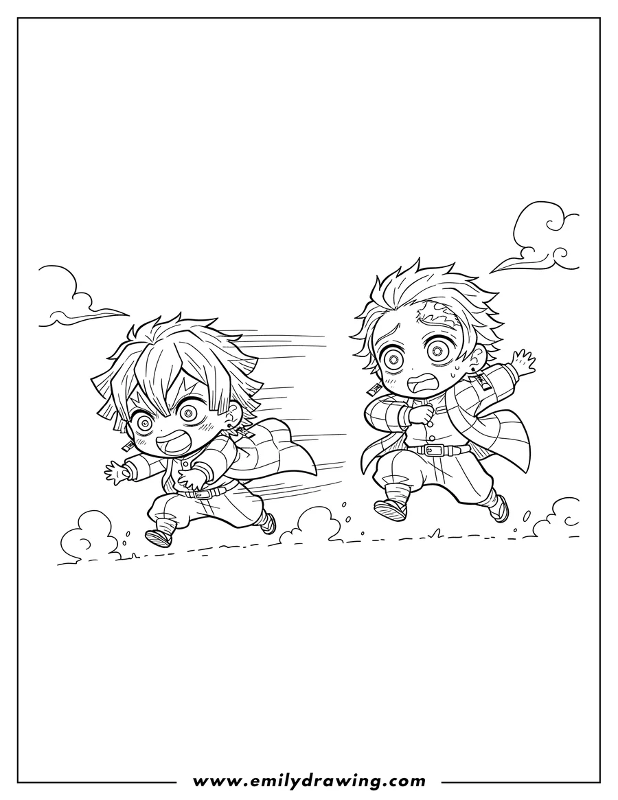 Free printable coloring sheet of chibi Zenitsu Chasing Tanjiro, with Zenitsu screaming and lunging at a wide-eyed Tanjiro