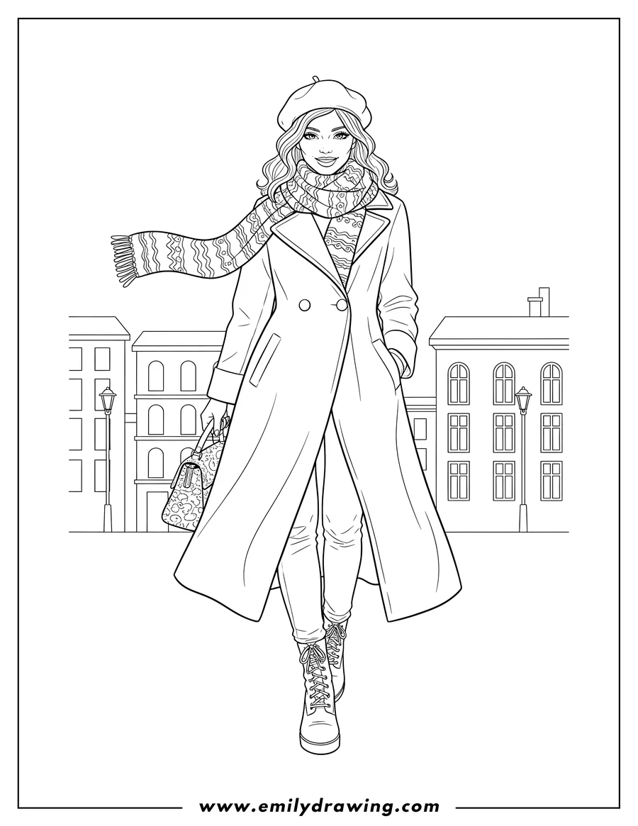 Vector style outline of chic Woman in Long Winter Coat and Scarf walking towards the viewer, holding a handbag, in a city