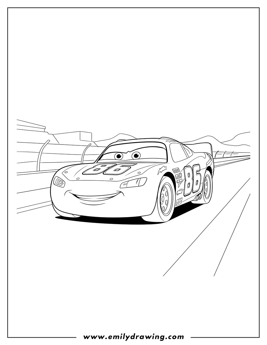 PDF style coloring page: chick Hicks, the race car with number 86, on a race track