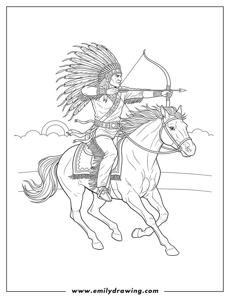 Black and white line art of native American chief wearing a feathered headdress aiming a bow and arrow while riding a horse