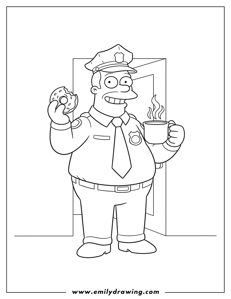 Coloring page of simpsons Chief Wiggum eating a donut and holding a coffee cup