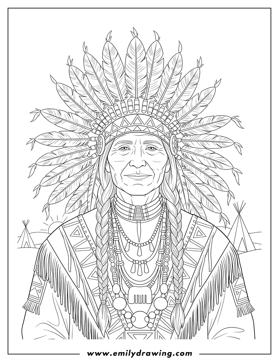 Outline drawing of native American Chief, an elder with long braids and many beaded necklaces, wearing a feathered headdress and traditional clothing