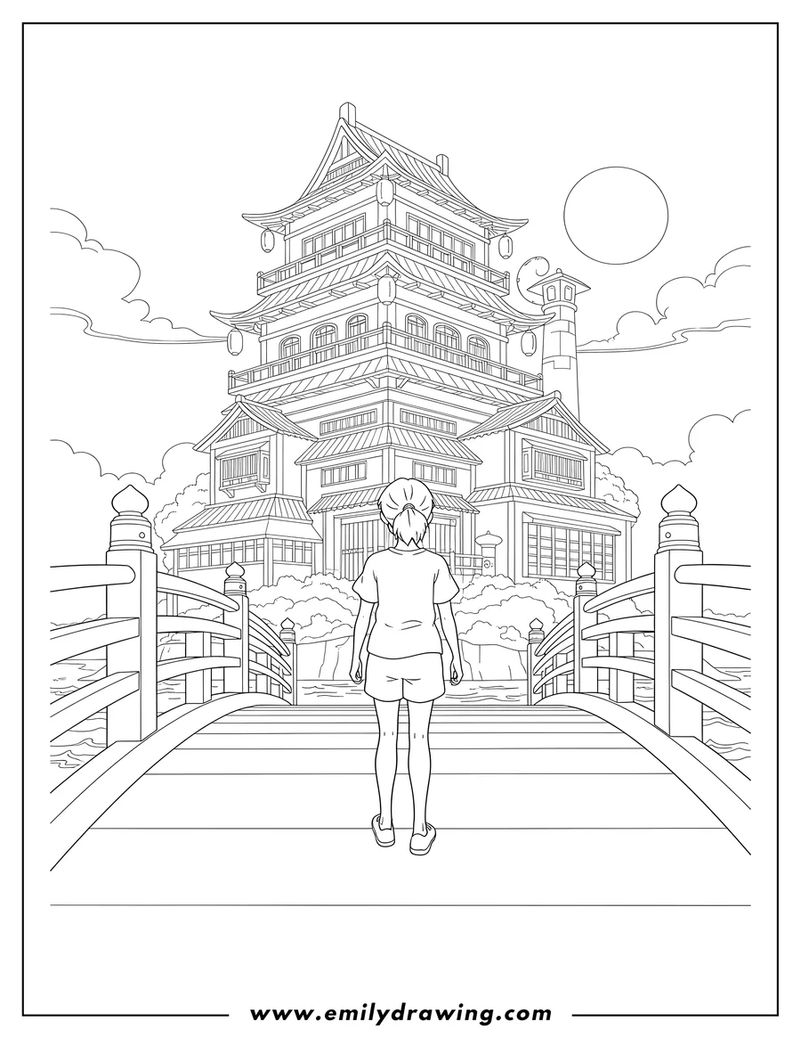 Black and white line art of chihiro standing on a bridge, facing away, approaching the Bath House