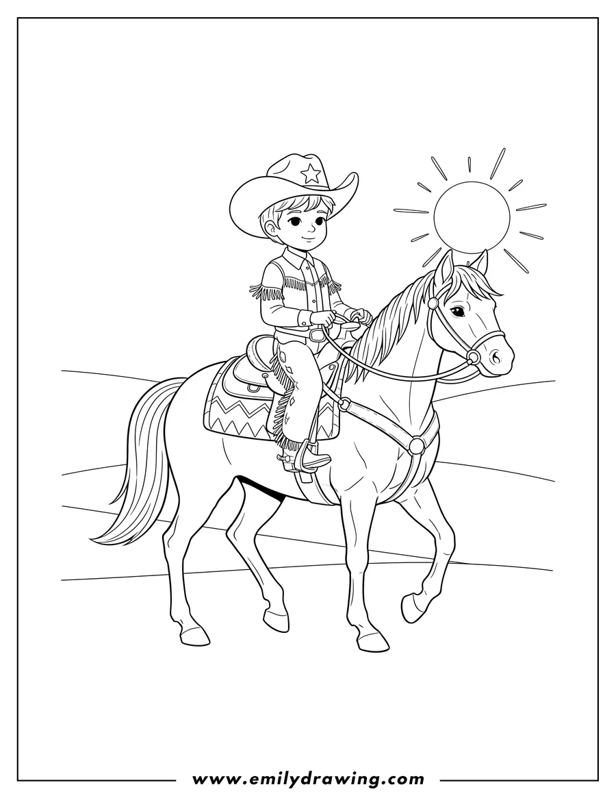 Clean line drawing: child cowboy wearing a wide-brimmed hat, riding a saddled horse