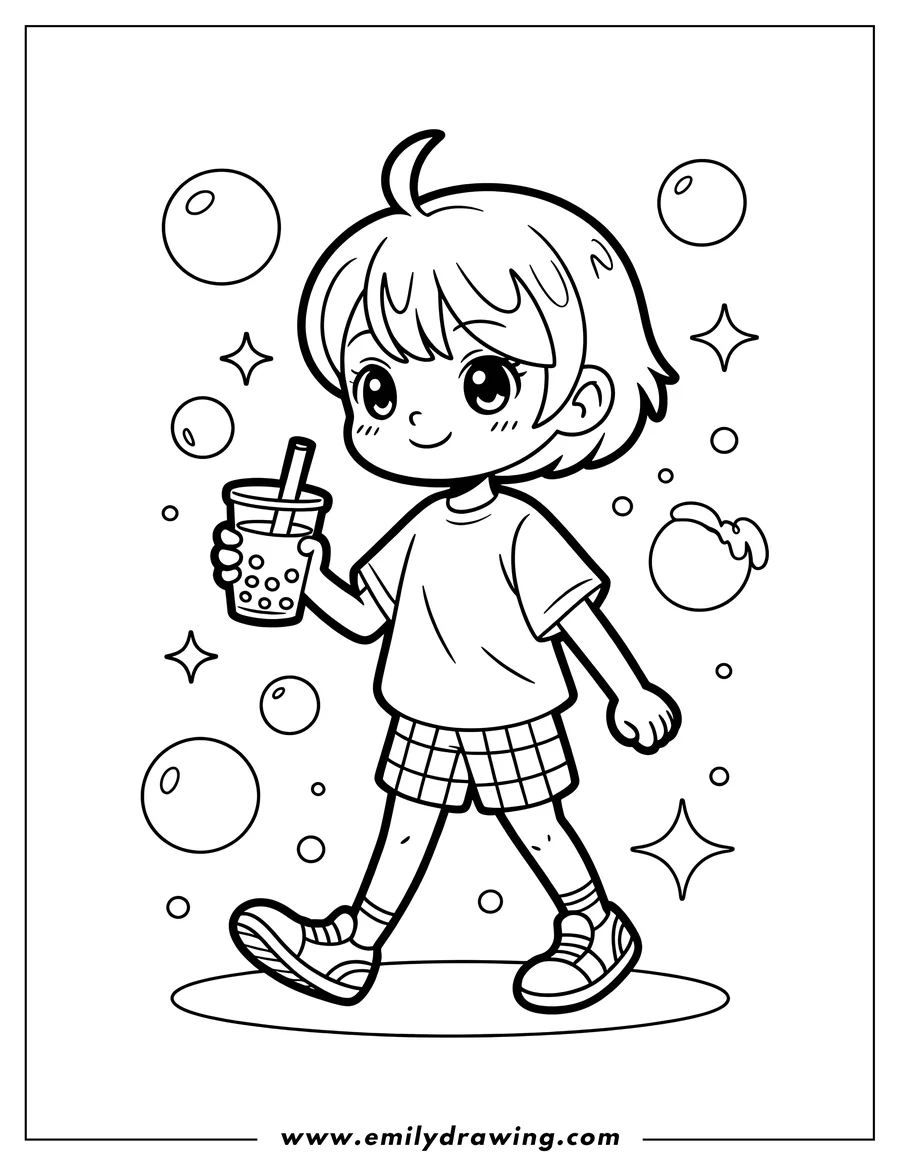 Outline of a cute cartoon child with short hair, wearing a t-shirt and plaid shorts, holding a cup of boba tea with a straw. Bubbles and star shapes float around them.