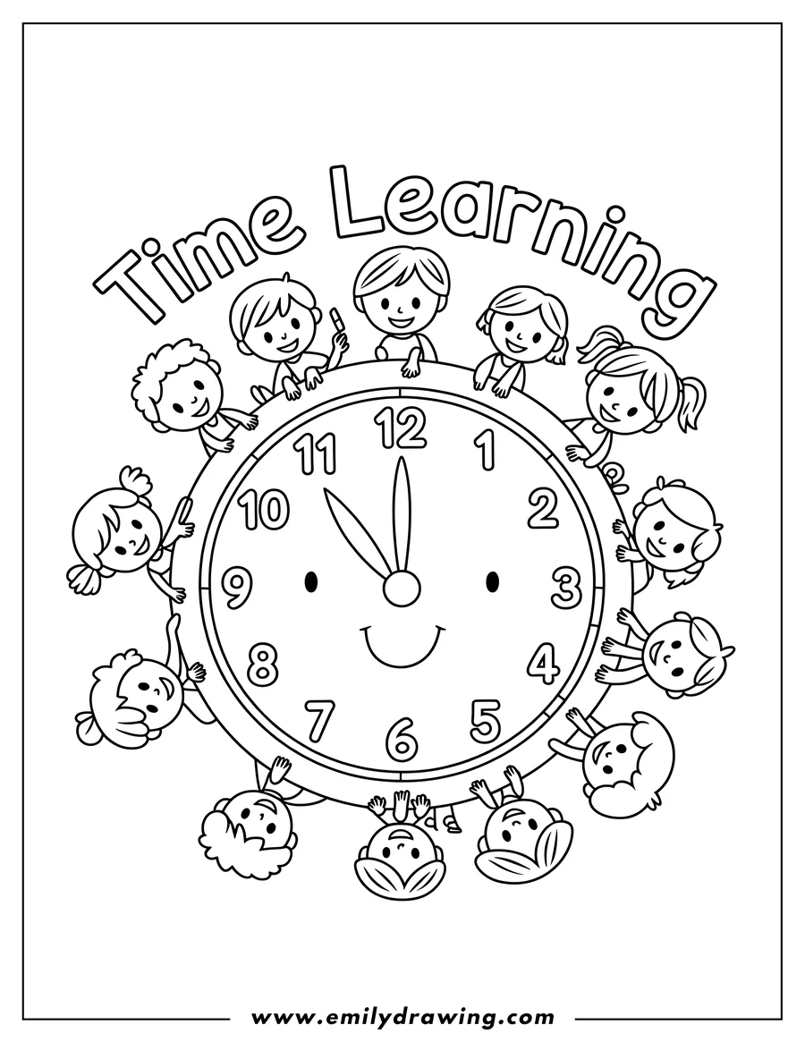 Line art of children surrounding a large, smiling clock with the words 'Time Learning' above it, indicating an educational theme.