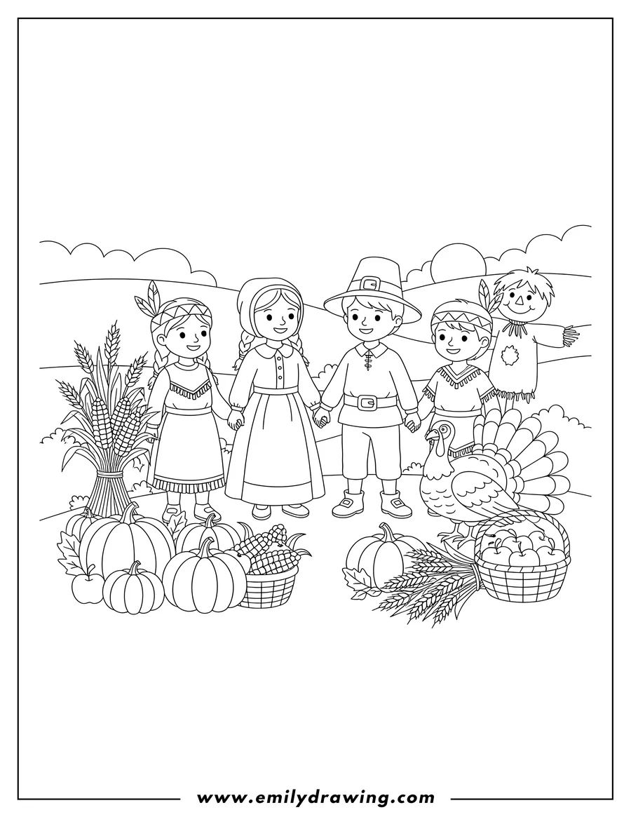 Printable coloring page of children dressed as Pilgrims and Native Americans standing together, surrounded by harvest