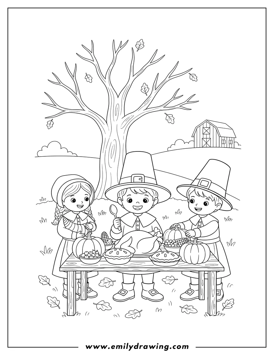 High quality printable children dressed as Pilgrims sitting around a table with pumpkins and corn for a Thanksgiving feast outdoors for coloring