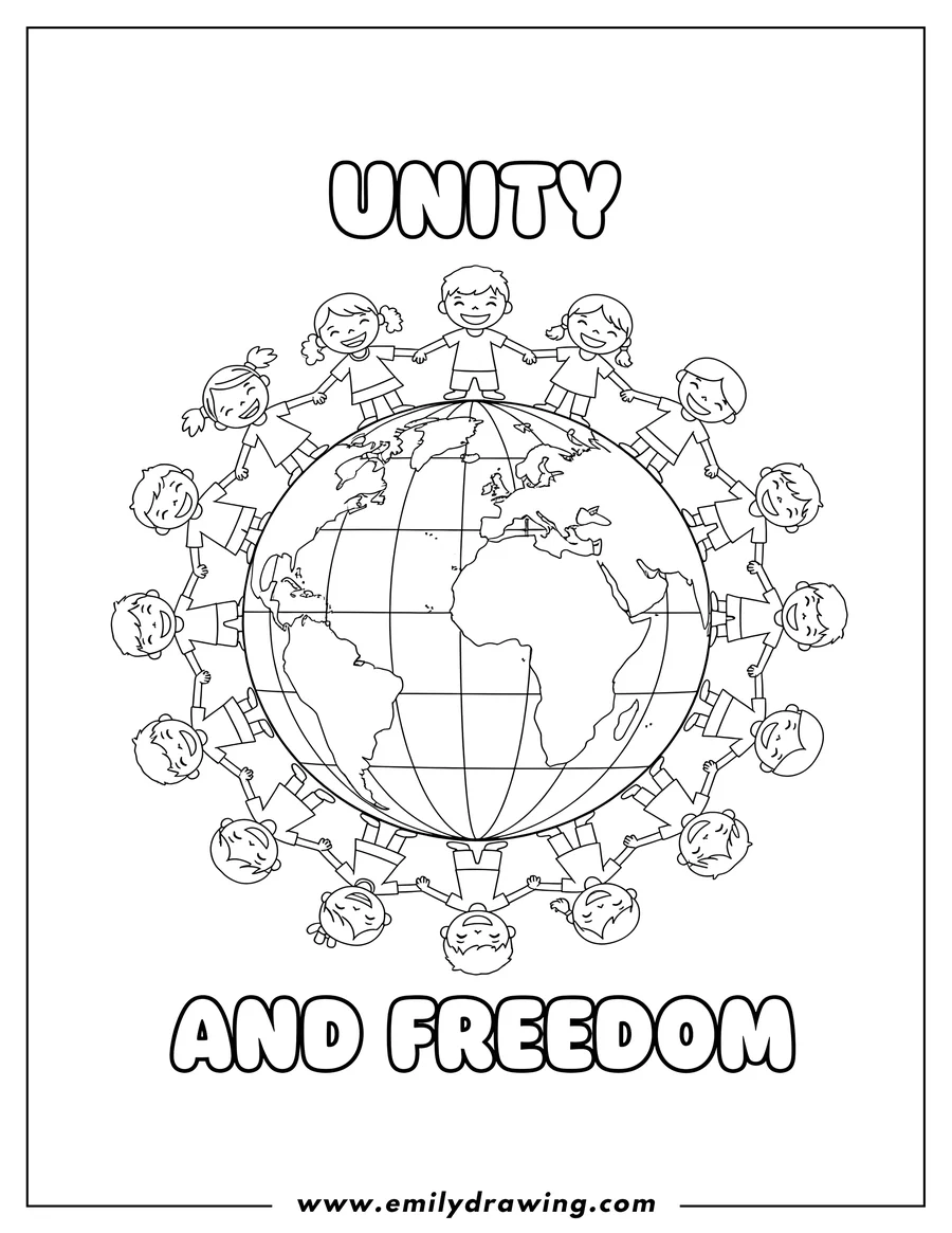 Coloring page of children linking hands around a globe, with 'UNITY' text above and 'AND FREEDOM' text below