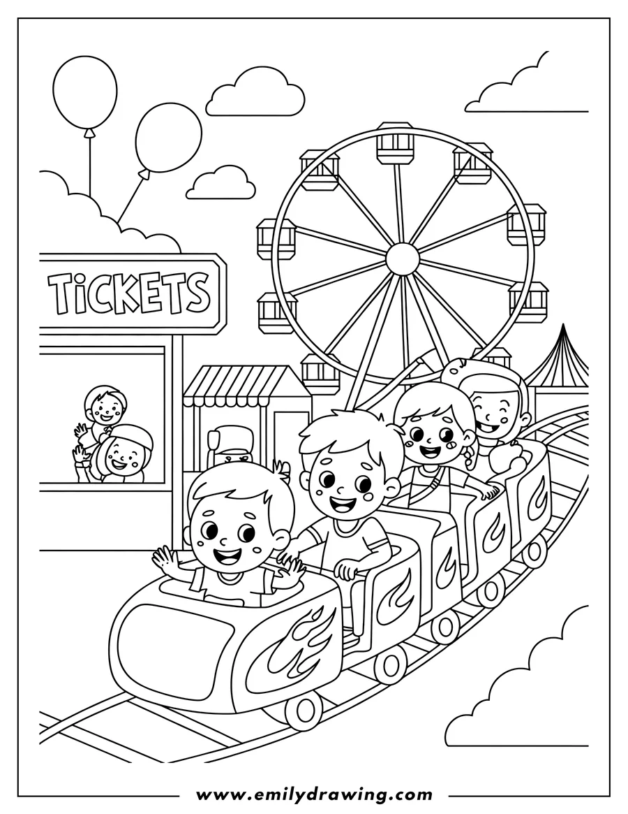High quality printable children on Roller Coaster for coloring