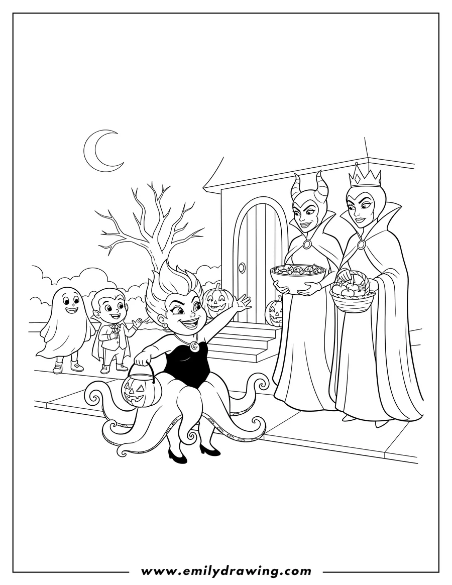 Free to print drawing of children trick-or-treating, with one child dressed as Ursula holding a pumpkin bucket, approaching adults dressed as Maleficent and the Evil Queen