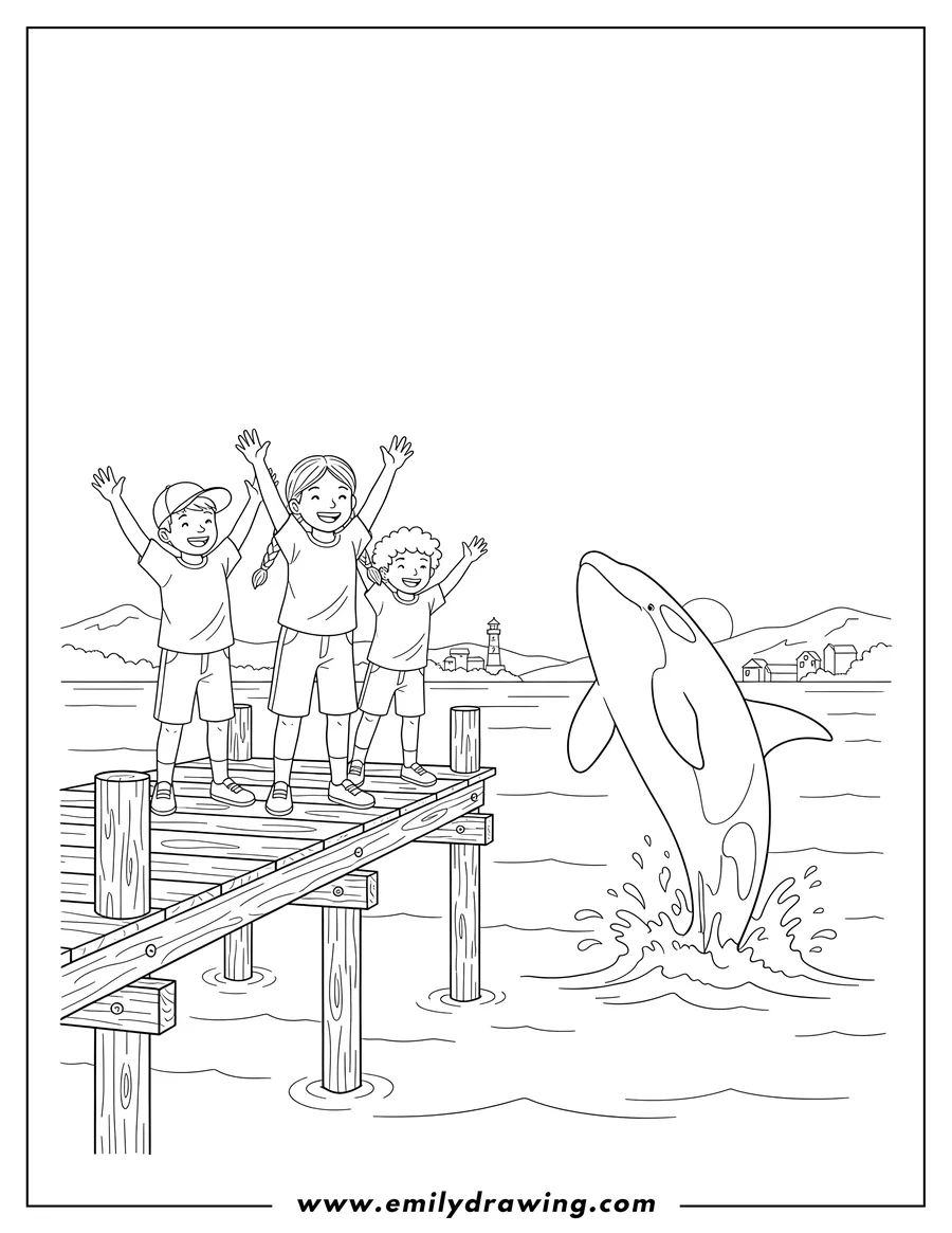 Coloring page of three children on a wooden pier waving with raised arms at a killer whale leaping high out of the water near a coastal town