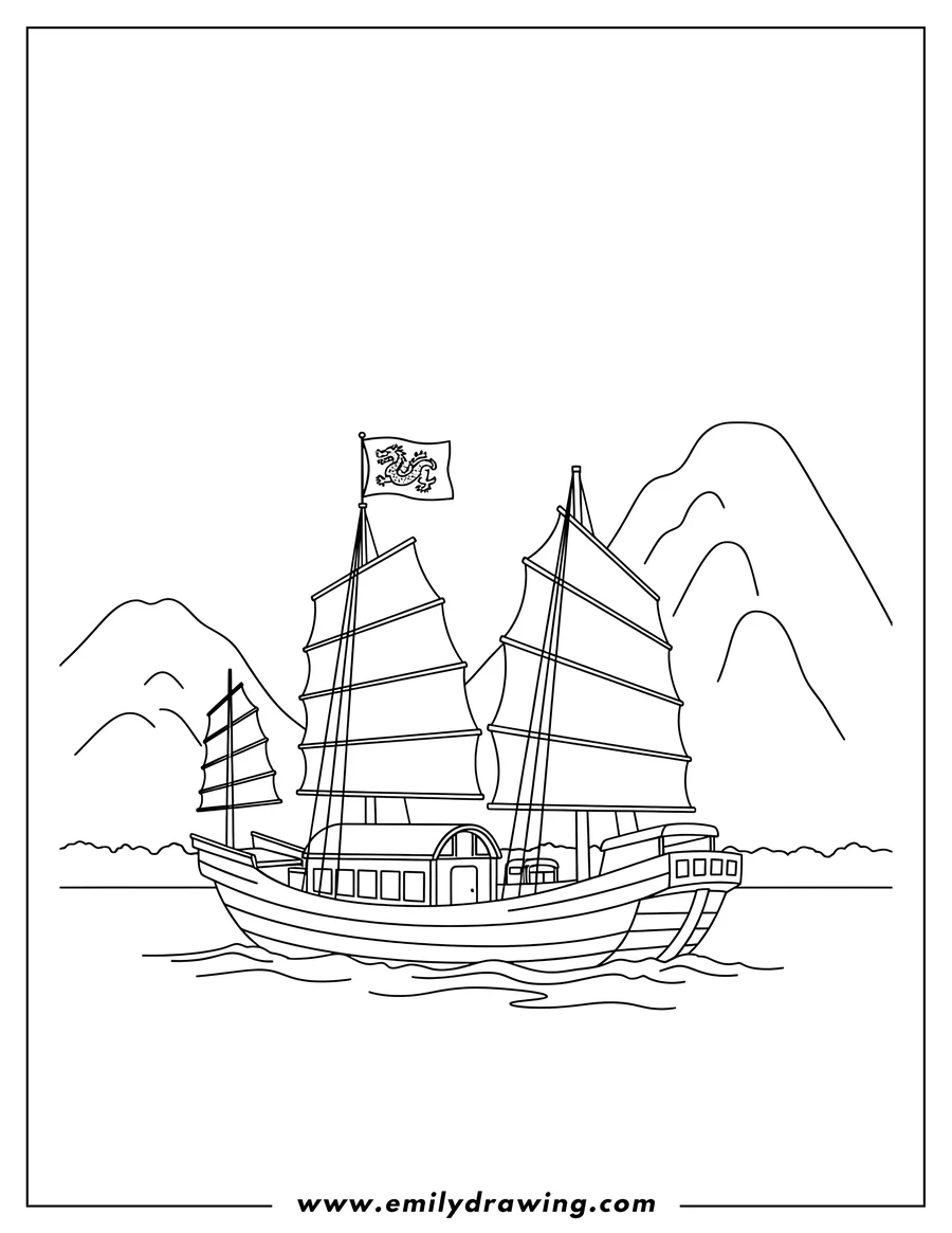 Doodle style coloring picture of chinese Junk Boat with Two Masts, Tall Sails, and a Flag Gliding Through Mountain Waters