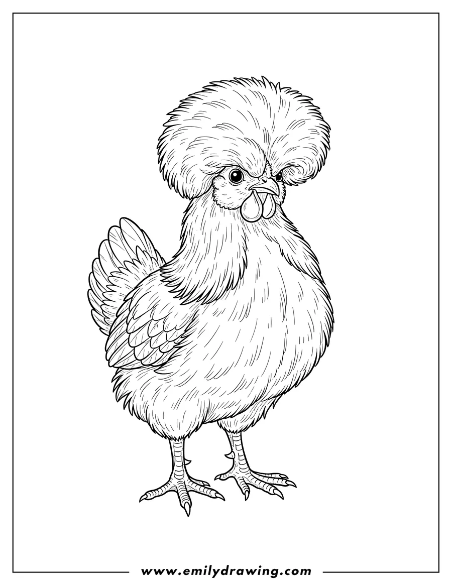 Simple sketch of chinese Silk Chicken standing with a fluffy crest to color