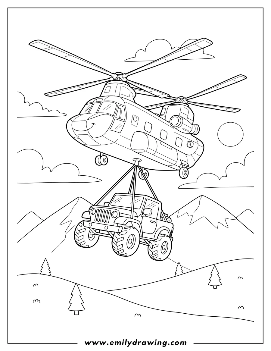 PDF style coloring page: A Chinook Helicopter carrying a jeep suspended in a cargo net over a mountain range