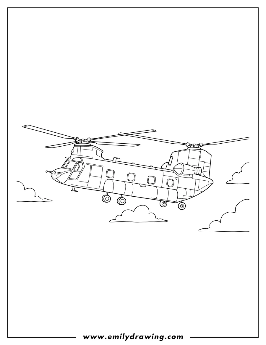 Clean line drawing: chinook Helicopter flying, side profile
