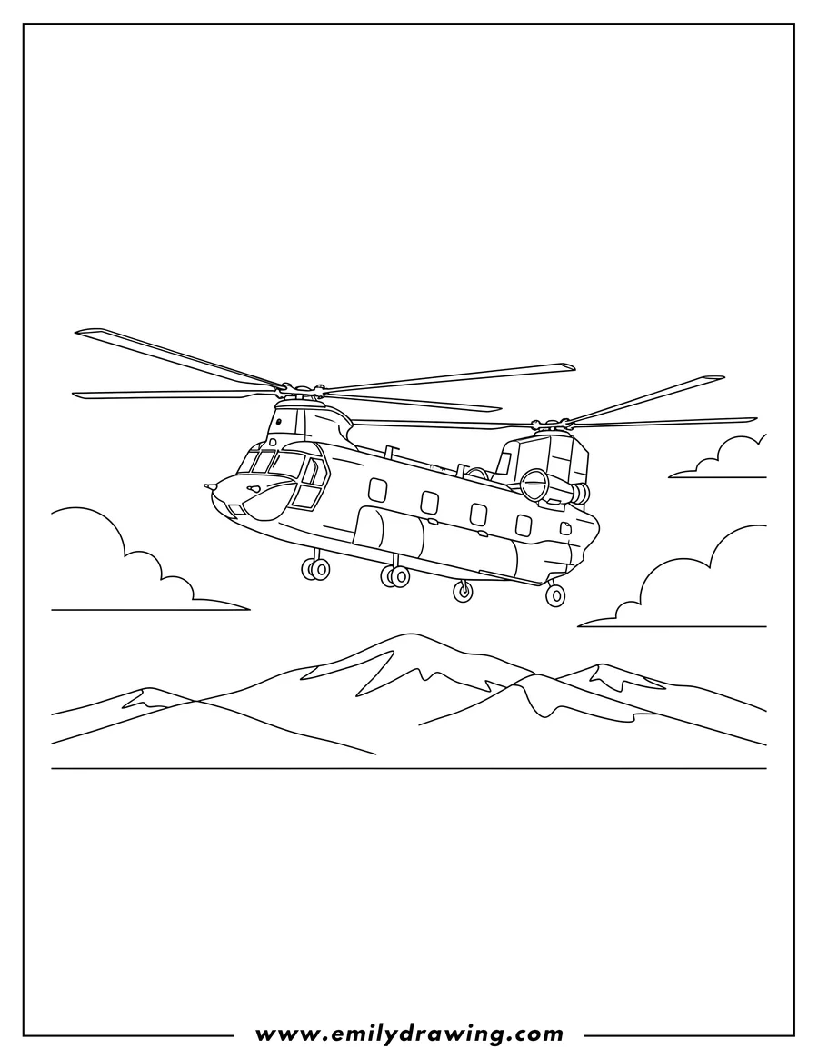 Free printable coloring sheet of chinook helicopter flying with tandem rotors