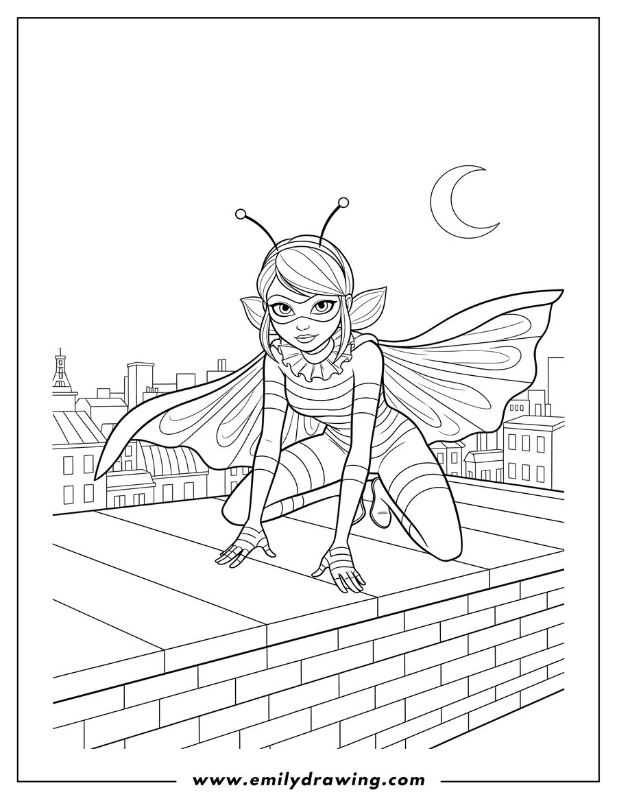 PDF style coloring page: chloe Bourgeois Queen Bee Costume in a crouching pose on a rooftop