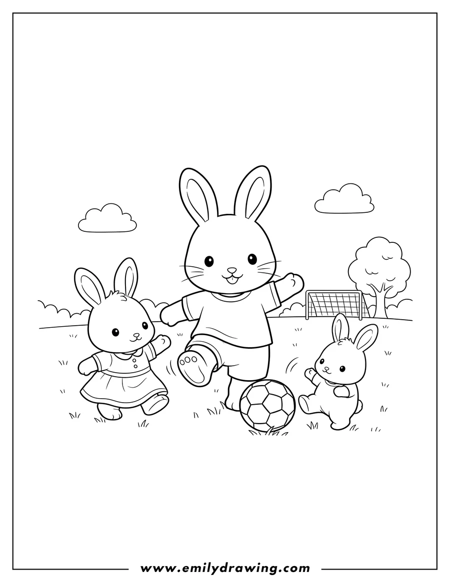 Coloring page of chocolate Rabbit Family Frasier, Freya, and Coco playing with a soccer ball