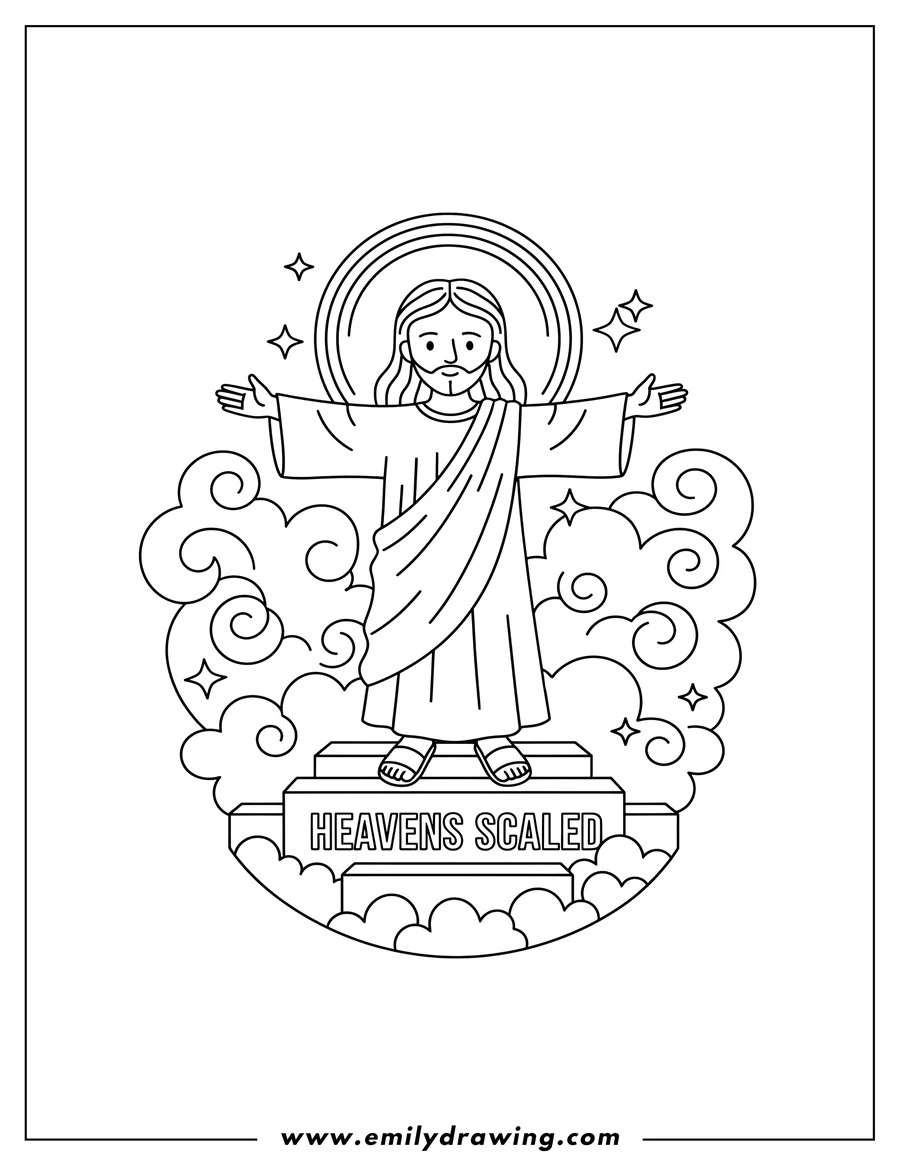 Free printable coloring sheet of christ Heavens Scaled, with open arms and a halo