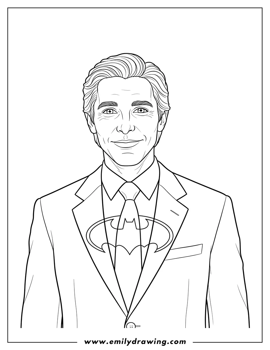 Coloring page for kids: christian Bale as Bruce Wayne, smiling in a suit and tie, with a Batman logo