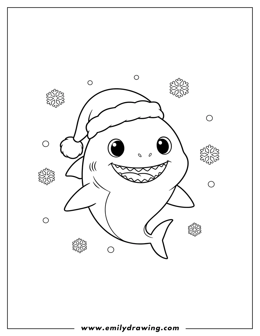 Doodle style coloring picture of christmas Baby Shark Santa Hat, smiling with an open mouth