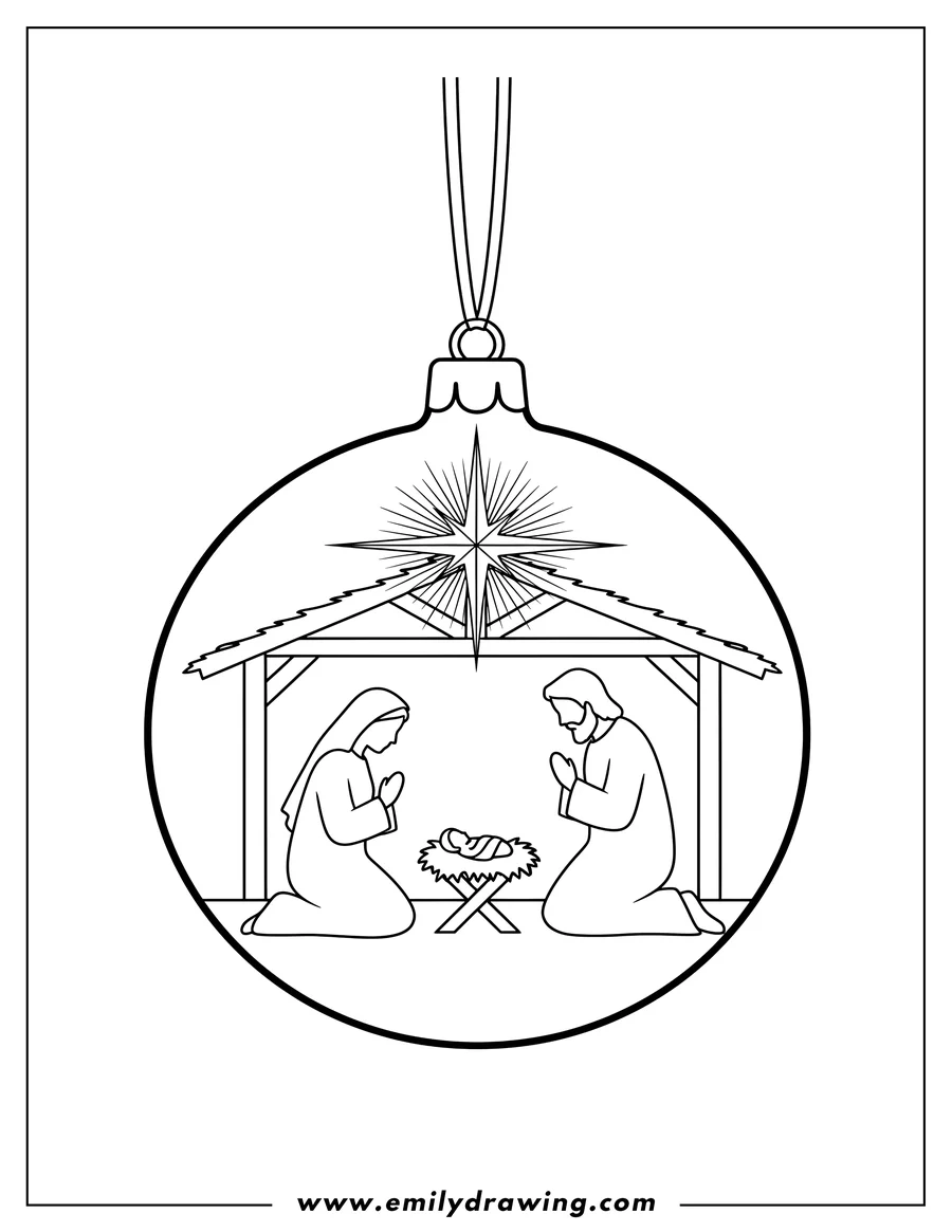 Doodle style coloring picture of christmas Bauble Nativity with silhouettes of Mary, Joseph, and baby Jesus in a stable, under a star