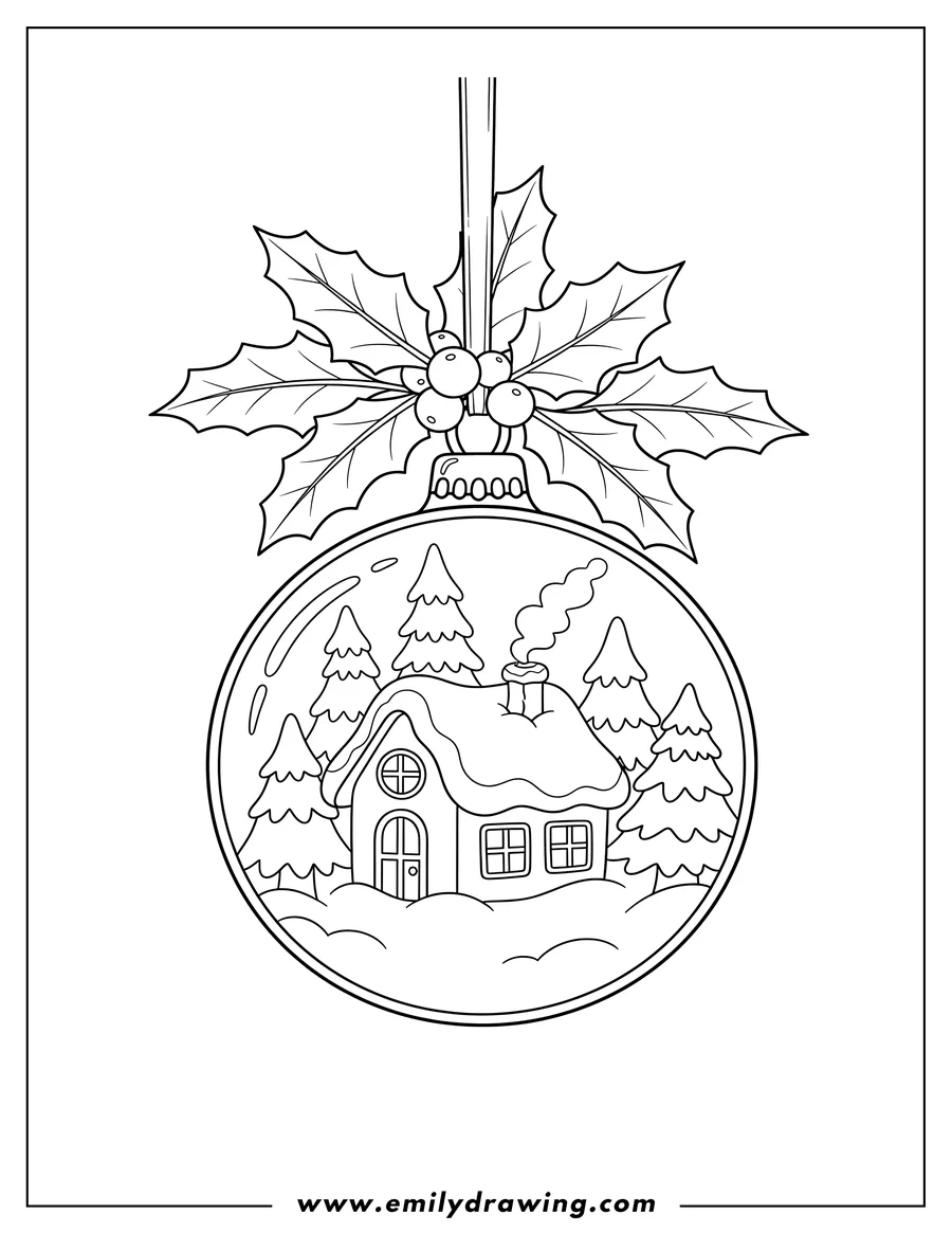 PDF style coloring page: christmas Bauble with a cozy house inside, surrounded by snow-covered trees, hanging from holly branches with berries