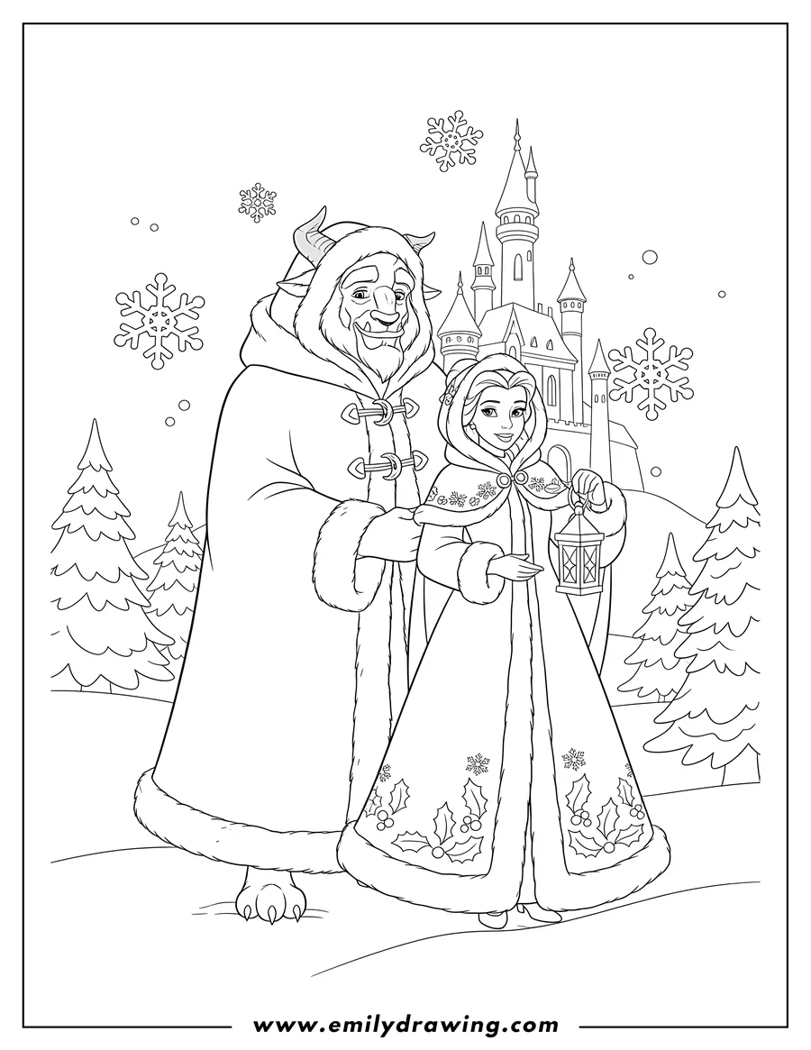 Coloring page of christmas Beauty And Beast in winter cloaks