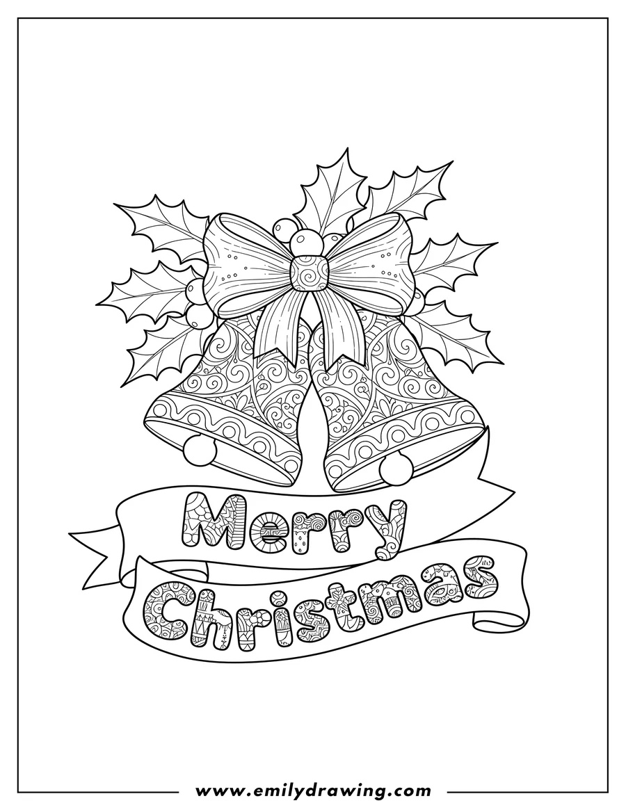 Full page coloring image of christmas Bells With Bow, Holly, Berries, and 'Merry Christmas' text, Zentangle Adultsv2