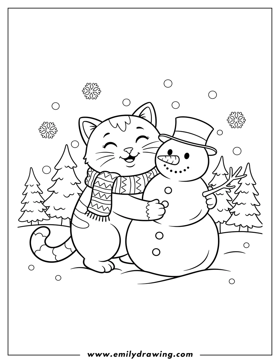 Simple sketch of christmas cat wearing a scarf, hugging a jolly snowman with a top hat, for preschoolers to color