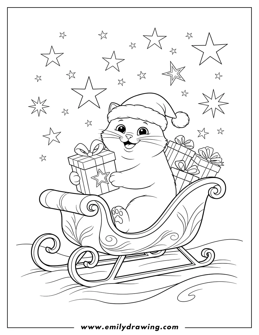 Free to print drawing of christmas Cat wearing a Santa hat, riding a sleigh, holding a present with other gifts, under twinkling stars