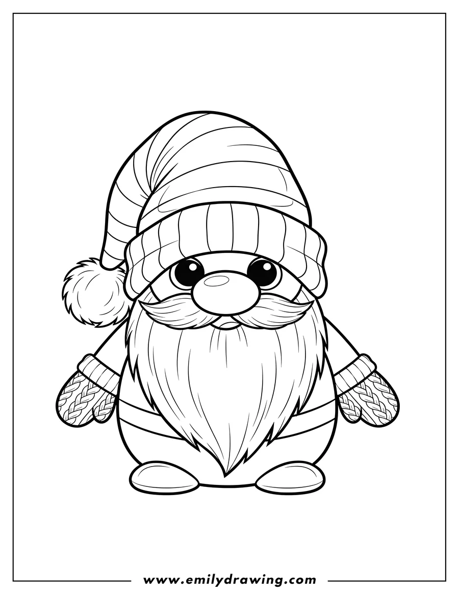 Full page coloring image of christmas Gnome Santa Beanie Boo with a beard and wearing mittens