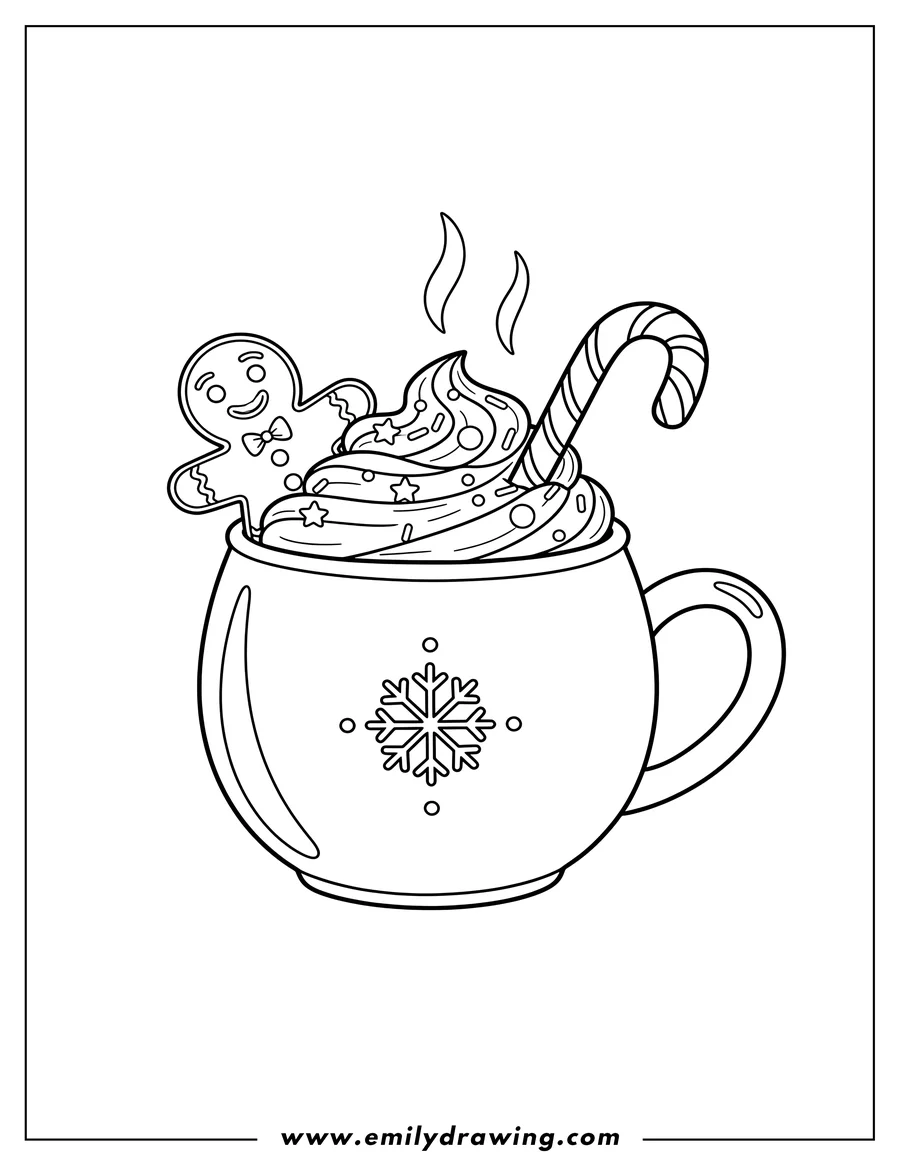 Printable line art of christmas Hot Chocolate With Whipped Cream, a Candy Cane, a Gingerbread Man, and Sprinkles