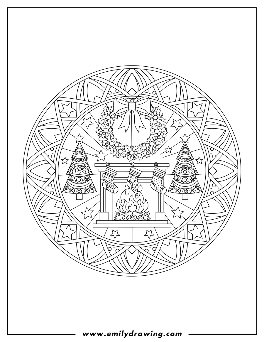 Linear illustration of christmas Mandala with a Fireplace, Stockings, and Fire, a Wreath with a Bow, Christmas Trees, and Stars