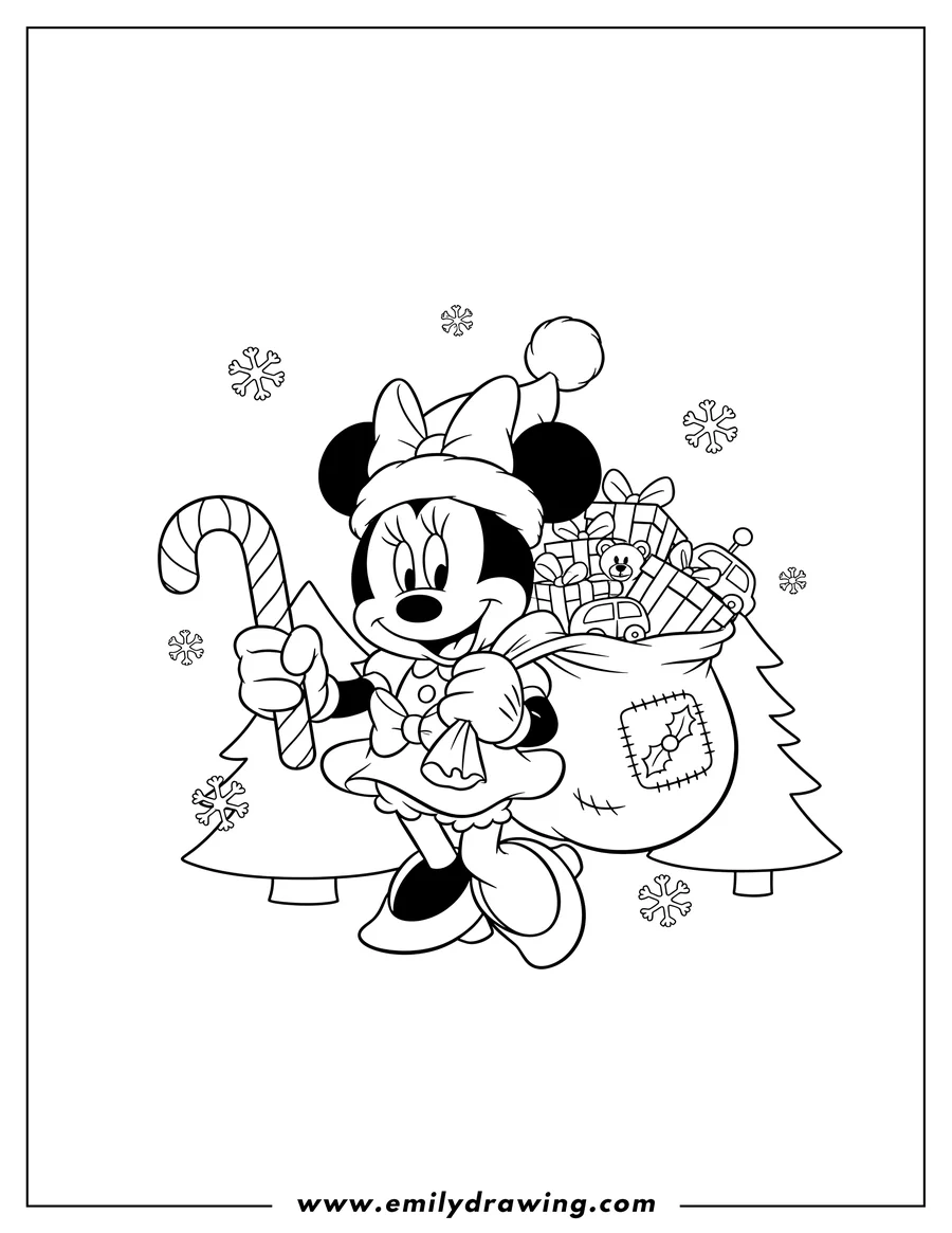 Coloring sheet featuring christmas Themed Minnie Mouse, wearing a Santa hat, holding a candy cane, and a gift sack