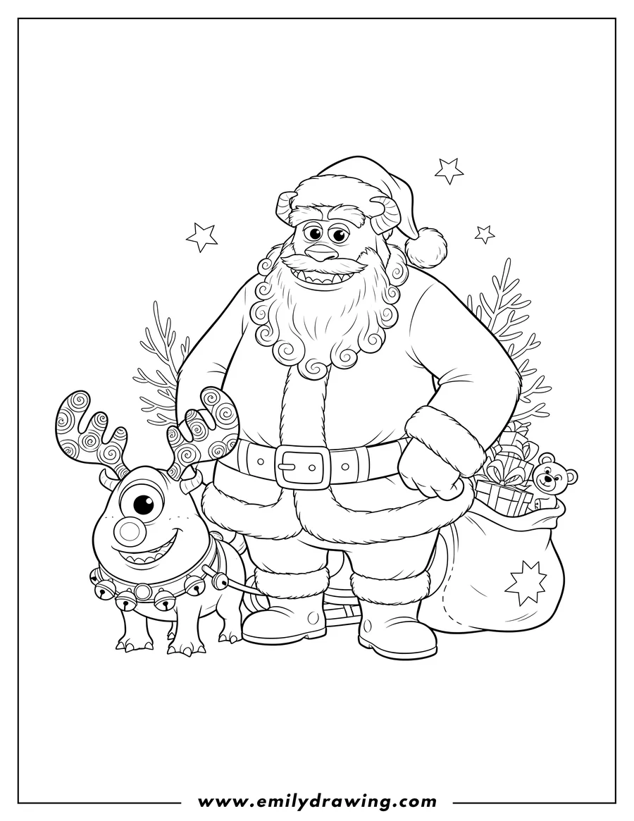 Free to print drawing of christmas Monsters Inc: Sulley as Santa and a Rudolph monster